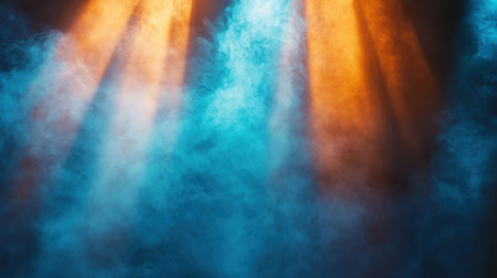 This image showcases vibrant light rays cutting through colorful smoke, creating a dramatic and ethereal atmosphere ideal for artistic concepts or event promotions.の素材
