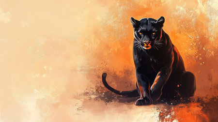 A stunning representation of a black panther sitting against an artistic background, showcasing its elegance and strength with a vibrant orange hue.の素材
