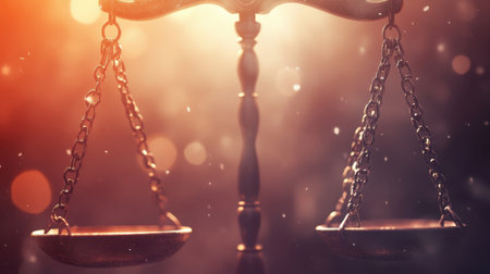 This image features an elegant balance scale set against a soft, bokeh background, symbolizing justice and equality with sophisticated lighting.の素材
