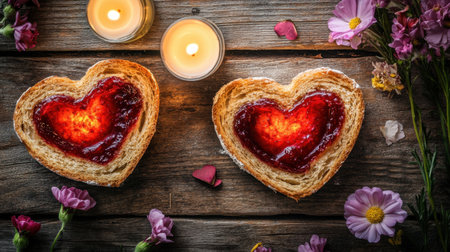 Two heart-shaped toasts filled with jam sit beside candles and flowers on a rustic wooden table, creating a warm, romantic atmosphere perfect for celebrations.の素材