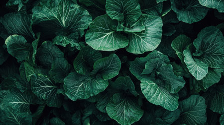 A close-up view of vibrant green leaves showcasing intricate textures and rich colors. The image highlights the beauty of nature and freshness in a botanical setting.の素材
