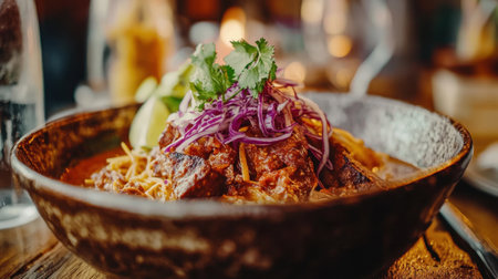 A colorful and appetizing dish featuring tender meat, fresh herbs, noodles, and garnishes, presented in a rustic bowl, perfect for culinary enthusiasts.の素材
