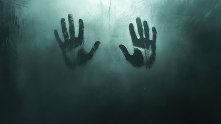 This image features handprints pressed against foggy glass, creating a mysterious and eerie atmosphere. The dark shadows evoke feelings of isolation and contemplation.の素材