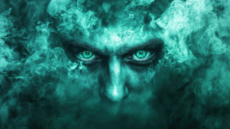 This captivating portrait features a mysterious man emerging from green smoke, with intense eyes that evoke a sense of fear and intrigue, perfect for fantasy themes.の素材
