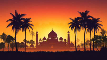 Capture the enchanting beauty of a sunset silhouette featuring an exotic palace framed by lush palm trees, creating a serene and vibrant landscape.の素材