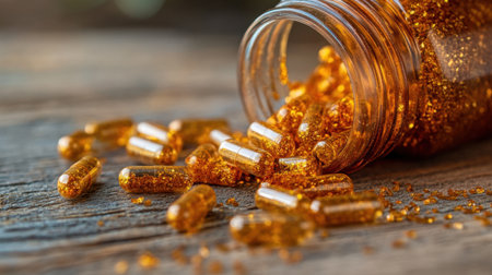 A captivating image of golden capsules spilling from a glass bottle onto a rustic wooden surface. This scene highlights vibrant supplements and their appealing glow.の素材