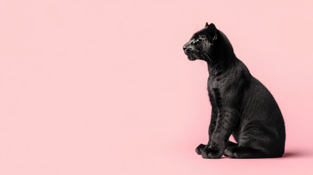 A striking depiction of a black panther sitting elegantly in profile against a soft pink background, showcasing the beauty and allure of this majestic wild animal.の素材