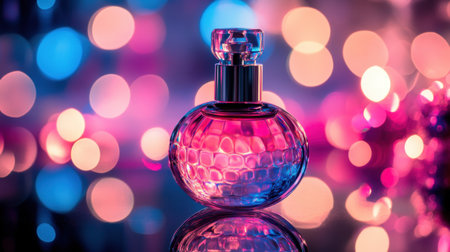 Captivating image of an elegant perfume bottle against a vibrant bokeh background. Soft lights create a dreamy atmosphere, emphasizing beauty and luxury.の素材