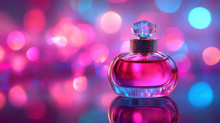 A stylish perfume bottle stands elegantly against a colorful bokeh backdrop, showcasing vibrant pink and blue lights that create a dreamy atmosphere.の素材
