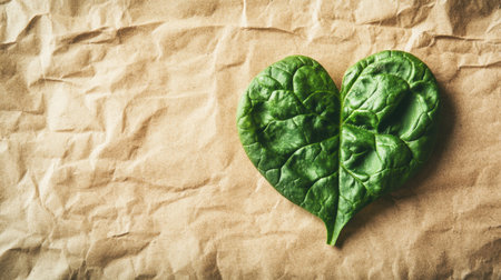 A vibrant green spinach leaf shaped like a heart rests on crumpled brown paper. This unique presentation highlights the beauty of nature and promotes healthy eating.の素材