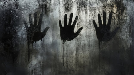 A striking image featuring mysterious handprints on fogged glass, creating an eerie and haunting atmosphere. Ideal for themes of fear and isolation.の素材