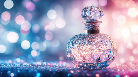 An elegant glass perfume bottle captures beauty with its intricate design, set against a shimmering bokeh background, evoking luxury and romance.の素材