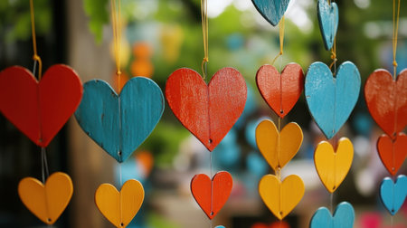 A stunning display of colorful wooden hearts hanging in a lush garden. This charming artwork adds a playful and joyful touch to any space, evoking feelings of love and happiness.の素材