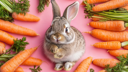 A delightful scene featuring a fluffy rabbit sitting amid bright carrots on a pink background. Perfect for nature lovers and animal enthusiasts.の素材