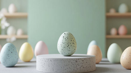 A serene arrangement of colorful decorative eggs on a circular display. The soft pastel background enhances the festive atmosphere, perfect for spring decor.の素材