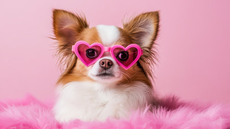 This charming image features an adorable Chihuahua wearing playful pink heart-shaped sunglasses, set against a vibrant pink background. The joyful expression captures the essence of fun and style in pet fashion.の素材