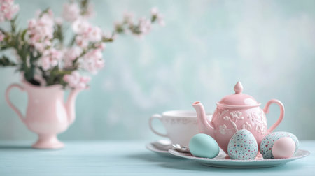 Delightful pastel tea set with a charming teapot, decorative eggs, and a floral arrangement, perfect for spring celebrations and cozy gatherings.の素材