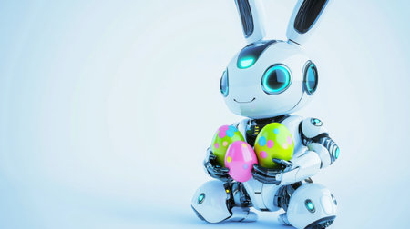 This delightful image features a cute robot bunny holding colorful Easter eggs, perfect for spring celebrations and holiday-themed designs.の素材