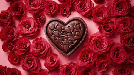 A charming heart-shaped chocolate box sits amidst vibrant red roses on a soft pink backdrop, perfect for conveying love and indulgence during special occasions.の素材