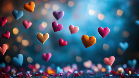Colorful heart shapes float gracefully above a glittery background, creating a festive atmosphere. Perfect for themes of love, romance, and celebration.の素材