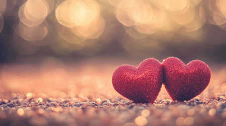 Two vibrant glittery hearts placed together on a textured surface create a romantic atmosphere, enhanced by a beautiful bokeh background, ideal for love-themed projects.の素材