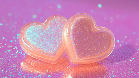 Two heart-shaped containers filled with shimmering glitter sit against a vibrant pink background, creating a whimsical and playful atmosphere perfect for beauty and craft themes.の素材