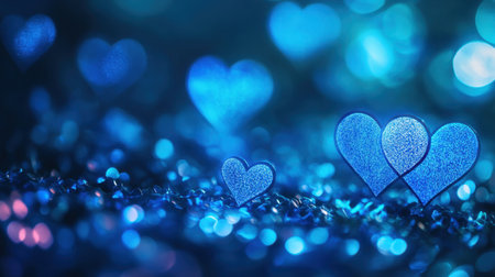 A captivating arrangement of shimmering blue hearts on a softly blurred background. The sparkling lights create a dreamy atmosphere, perfect for love-themed events.の素材