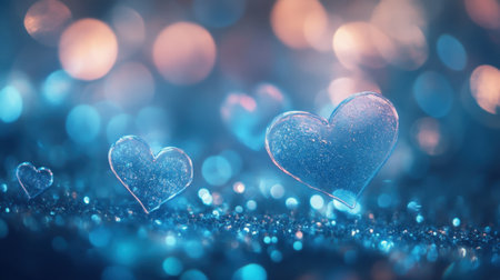 This captivating image features shimmering ice hearts set against a dreamy blue background with soft bokeh lights, evoking feelings of love and romance.の素材