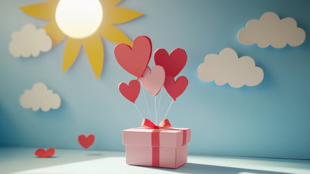 This charming image features a colorful gift box with heart-shaped balloons against a bright backdrop, evoking feelings of love and celebration. Perfect for romantic themes.の素材