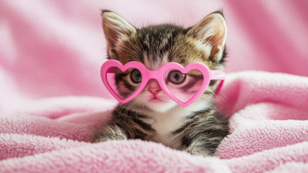 This cute kitten wearing heart-shaped glasses relaxes on a soft pink blanket, capturing a playful and charming moment that's perfect for pet lovers.の素材