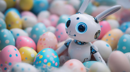 A cute robot bunny sits among an array of colorful Easter eggs. The scene captures a playful blend of technology and festive joy, perfect for spring celebrations.の素材