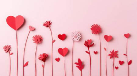 Bright and cheerful arrangement featuring paper flowers and hearts on a soft pink background. Perfect for love-themed decorations and creative projects.の素材