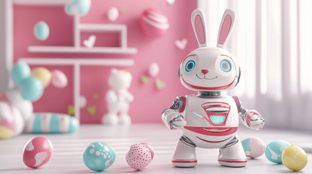 Adorable bunny robot with shiny surface surrounded by colorful Easter eggs in a bright indoor setting, perfect for spring-themed creativity.の素材