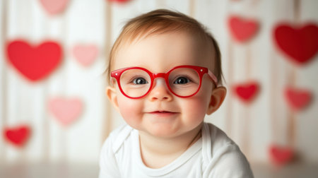 A charming baby wearing bright red glasses smiles joyfully against a heart-themed backdrop. Perfect for showcasing innocence and love in childhood.の素材