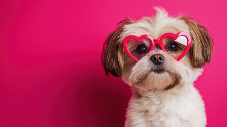 Adorable small dog wearing heart-shaped glasses poses against a vibrant pink background, capturing playful charm and heartfelt emotion in this charming pet portrait.の素材