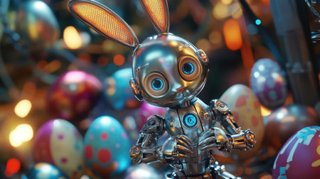A charming futuristic robot bunny interacts with vibrant Easter eggs in a lively scene. Perfect for spring celebrations and digital art themes.の素材