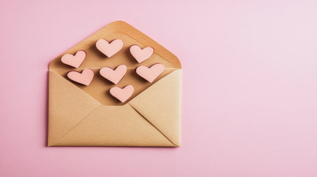 A kraft envelope opens to reveal charming wooden hearts, symbolizing love and affection. Perfect for romantic gestures or heartfelt messages.の素材