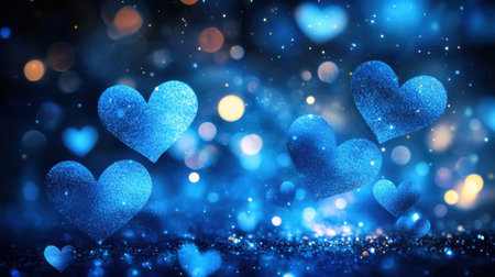 A captivating background featuring blue hearts interspersed with shimmering bokeh lights. This enchanting image evokes feelings of love and celebration, perfect for romantic themes.の素材