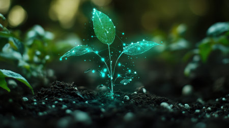 Young green plant with digital overlay of growth data, cyber-style, in smart farm setting, symbolizing agriculture 4.0の素材