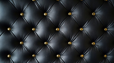 Elegant black leather upholstery in a tufted pattern with gold button accents for a luxury texture backgroundの素材
