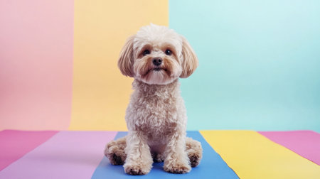 A cute small dog sits on a colorful background, showcasing its fluffy fur and playful expression. The vibrant pastel hues create a joyful atmosphere perfect for pet lovers.の素材