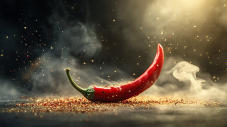A spicy red chili pepper surrounded by swirling dust, frozen mid-air, creating a dramatic and bold composition.の素材