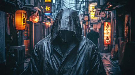A mysterious figure cloaked in darkness walks through a vibrant neon alleyway, creating an intriguing atmosphere. Lanterns illuminate the scene, enhancing the sense of depth.の素材