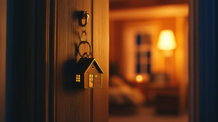 A serene home interior featuring warm lighting and a charming house keychain. The soft ambiance invites comfort and relaxation in a stylish setting.の素材