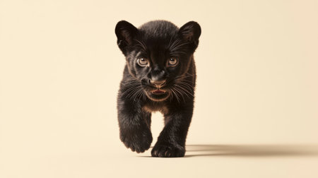 A delightful black panther cub strides confidently forward, showcasing its captivating features and playful nature. This stunning portrait captures the essence of youthful curiosity in the animal kingdom.の素材