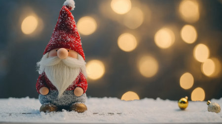 A charming gnome figurine sits in fresh snow, complemented by soft bokeh lights in the background. Perfect for evoking a festive atmosphere during the winter season.の素材
