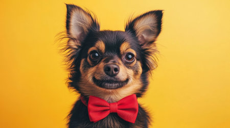 This charming Chihuahua sports a vibrant red bow tie, showcasing a joyful expression against a sunny yellow backdrop, perfect for pet-themed designs.の素材