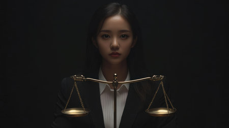 A young woman stands confidently holding the scales of justice, embodying themes of fairness and authority in a dramatic dark atmosphere. Ideal for legal and professional contexts.の素材