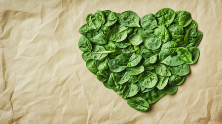 A vibrant heart shape created from fresh green spinach leaves set on a textured crumpled paper background, symbolizing love for healthy eating and nature.の素材