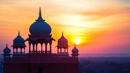 A stunning silhouette of historical architecture highlighted by a vibrant sunset, showcasing beautiful domes and towers against a colorful sky, perfect for travel and culture themes.の素材